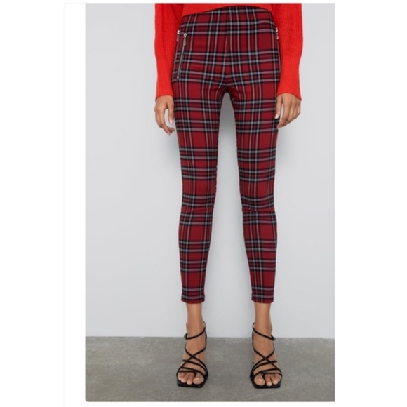 Zara Red Tartan Plaid Leggings XS - Picture 3 of 10